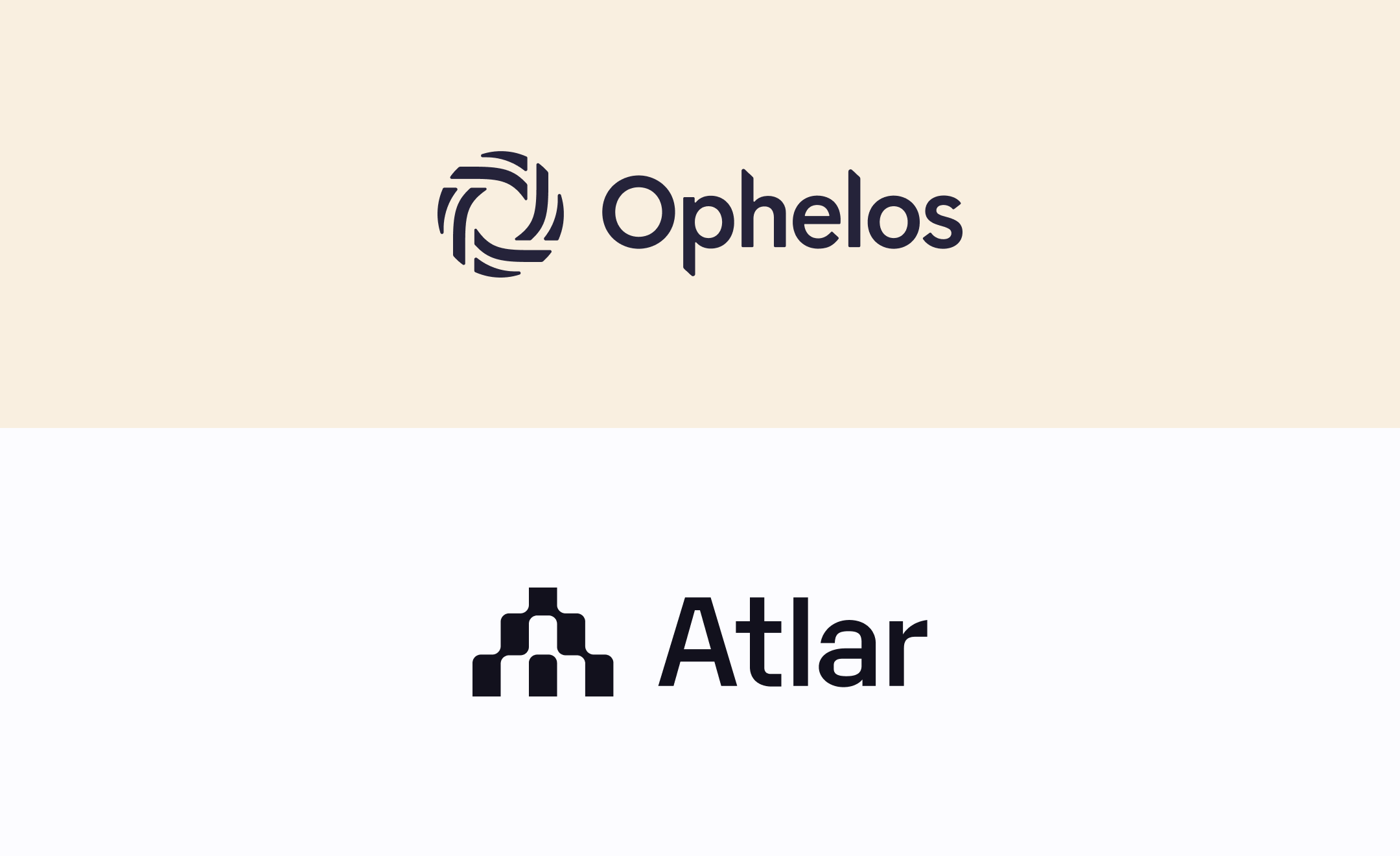 Ophelos and Atlar logos stacked on a cream and white banner