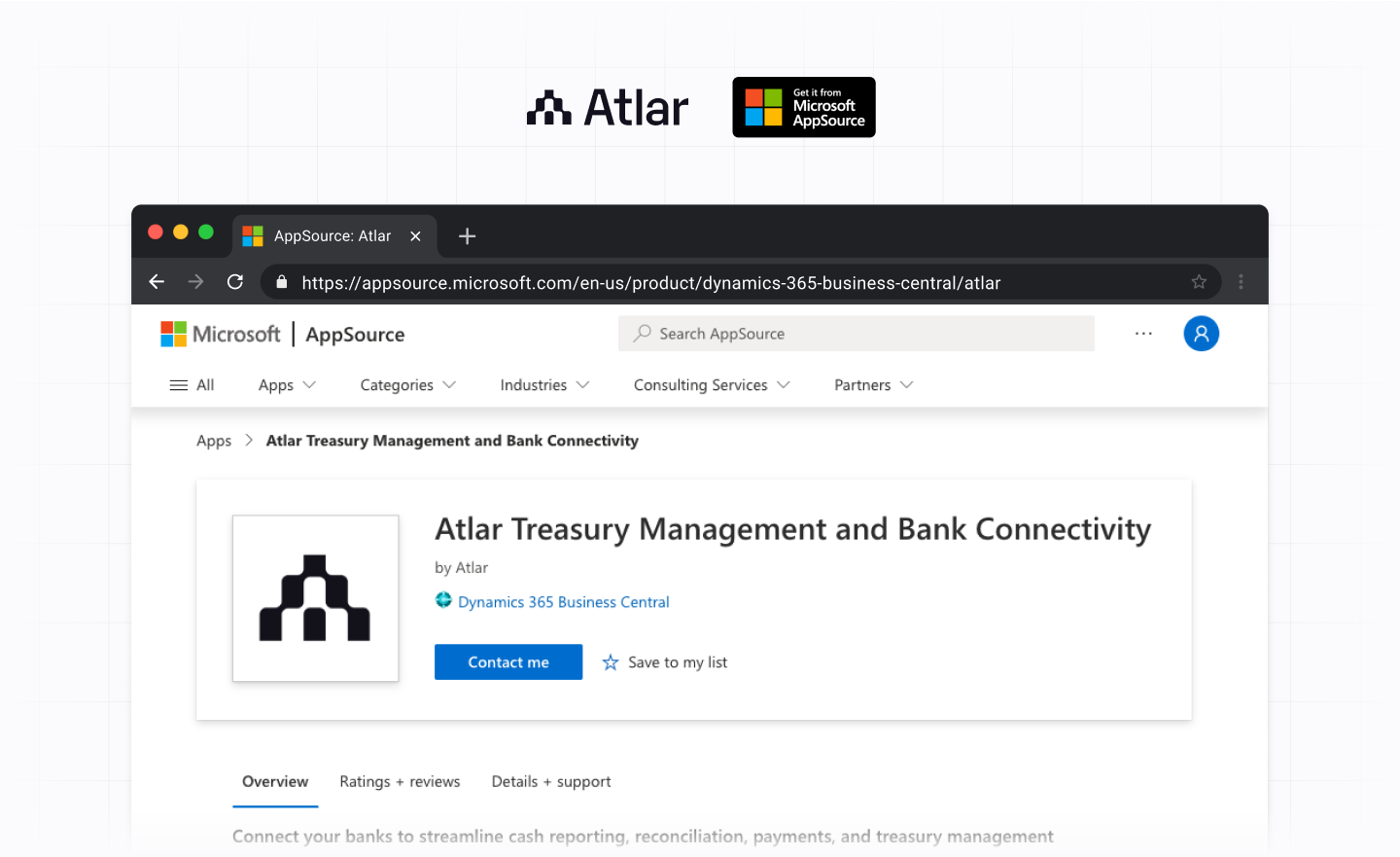 Screenshot of the Atlar Treasury Management and Bank Connectivity listing on Microsoft AppSource