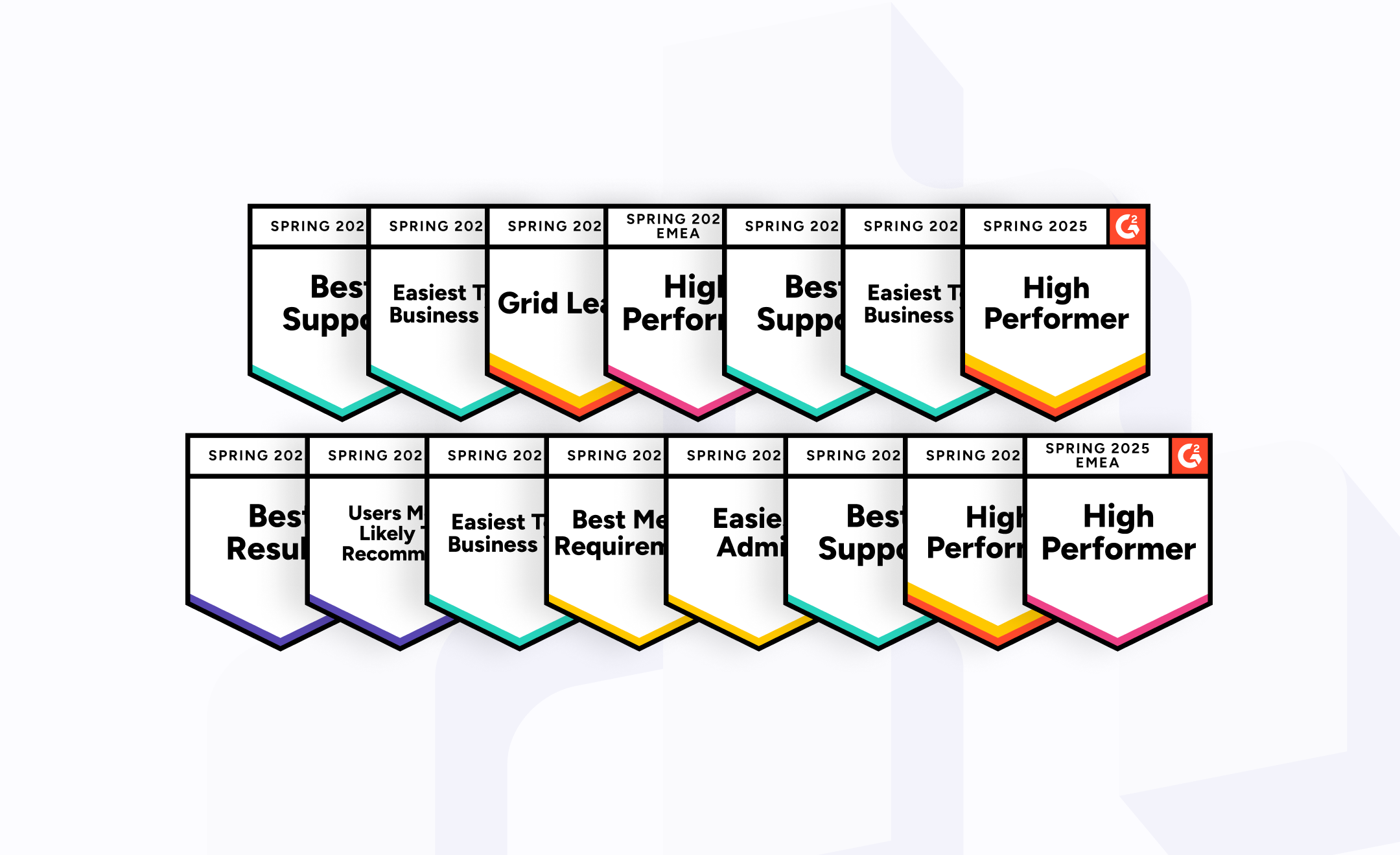 "Spring 2025" G2 awards graphic with ten badges including Grid Leader and High Performer