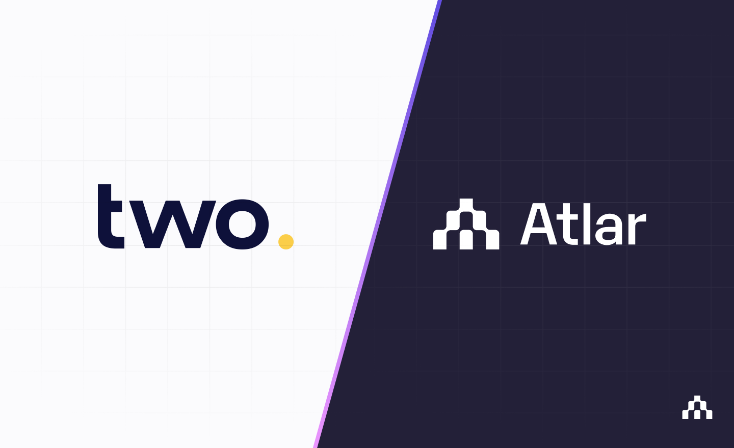 Two and Atlar logos side by side on a diagonal white and dark purple banner