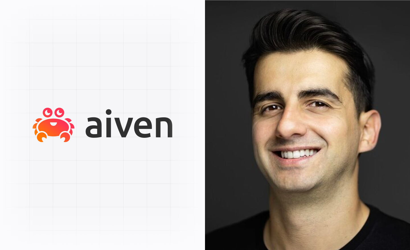 Aiven logo beside a headshot of Eray Ergün
