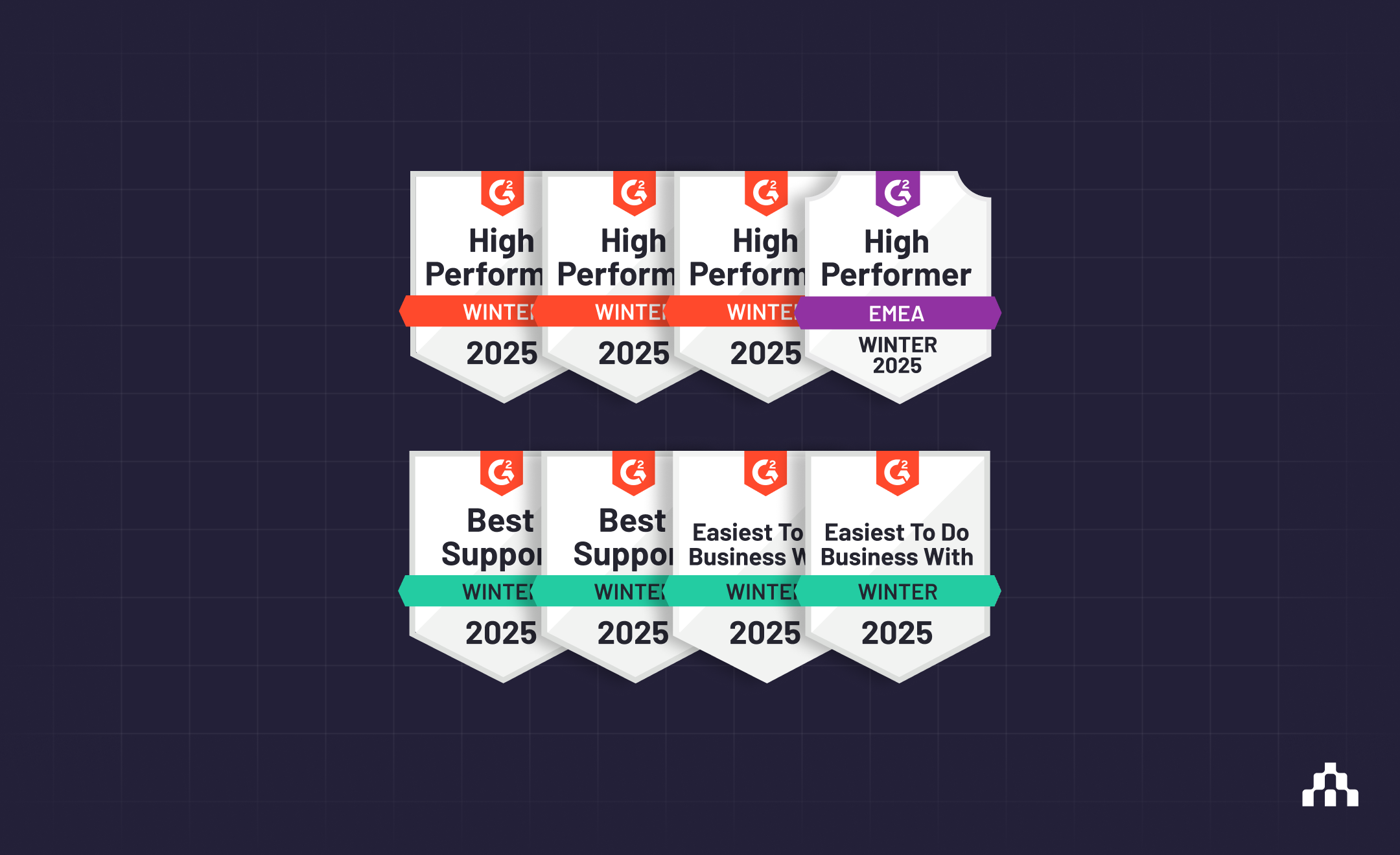 G2 Winter 2025 awards graphic with eight badges including High Performer and Best Support