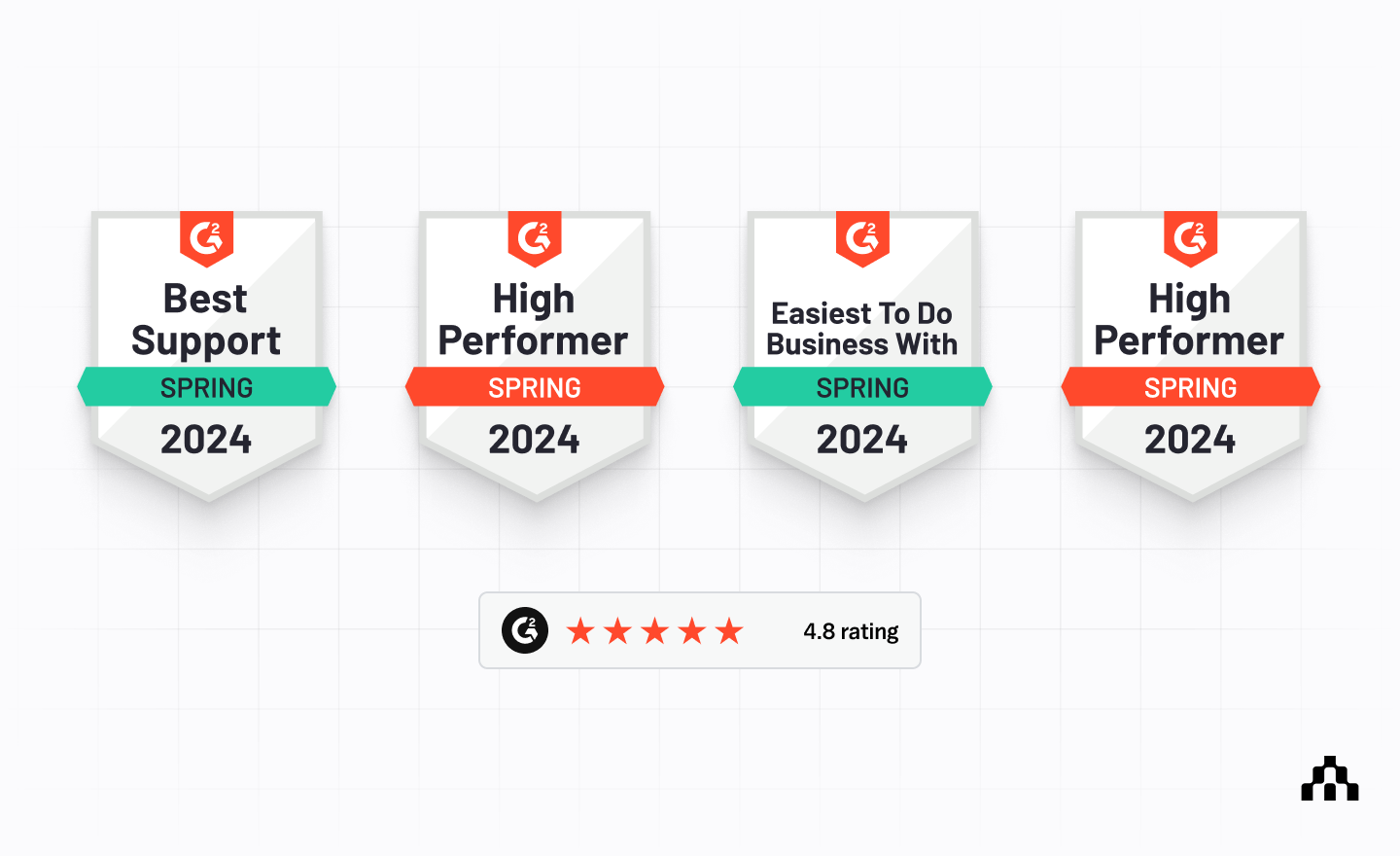 G2 Spring 2024 awards graphic with four badges and a 4.8-star rating