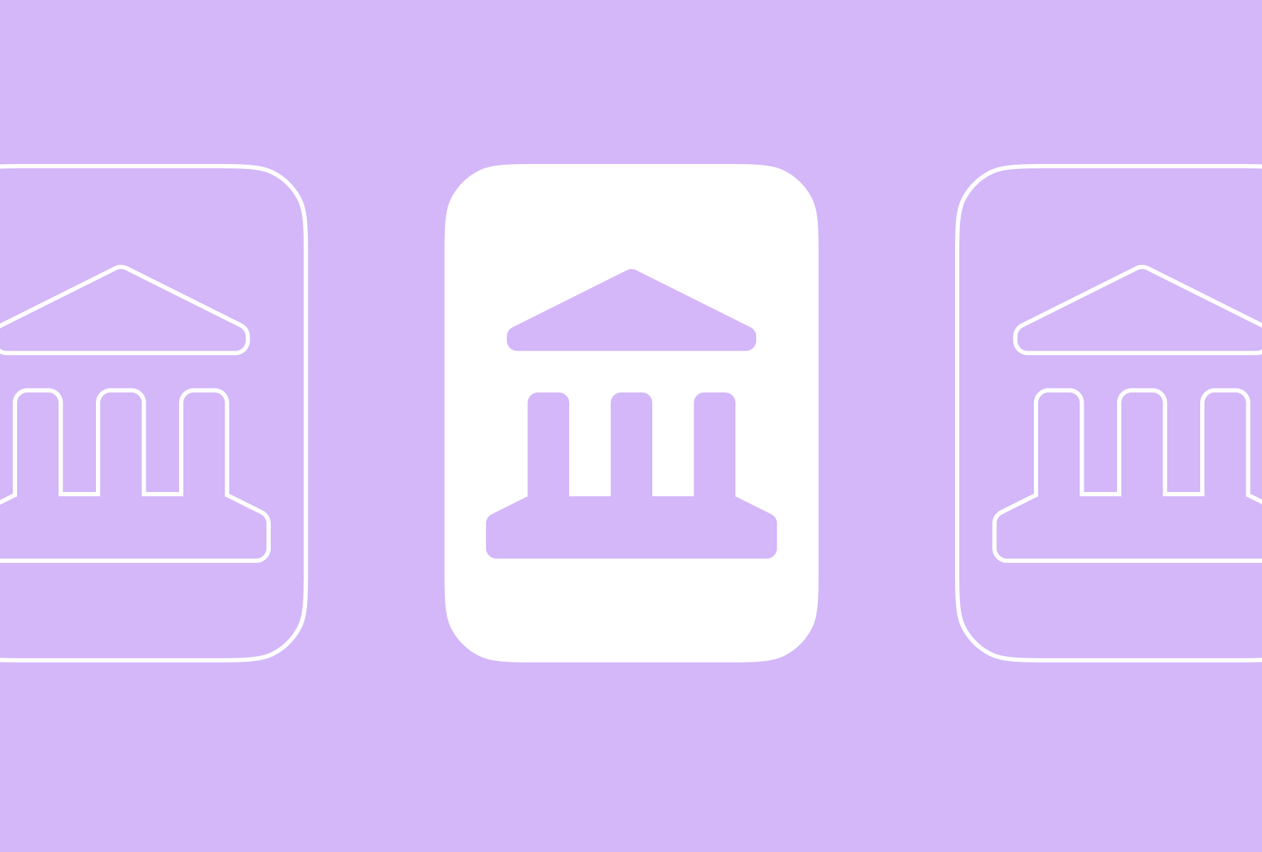 Illustrated bank building icons on a purple background