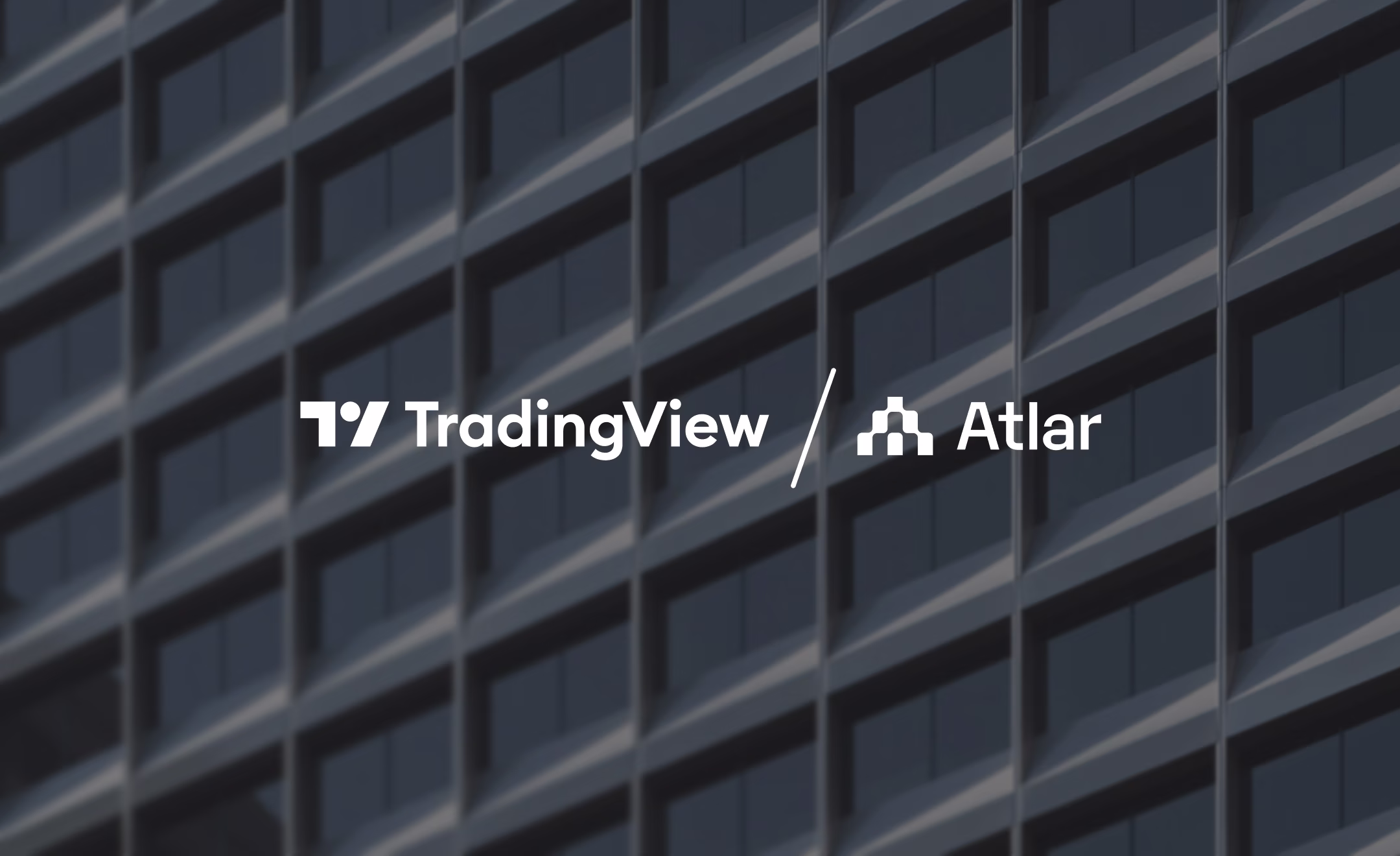 TradingView and Atlar logos side by side over a photo of a building facade, announcing the partnership
