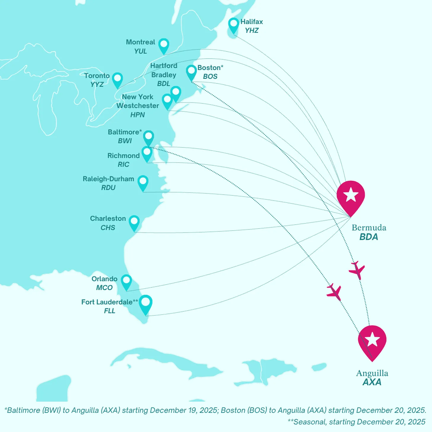 A map of the united states with several destinations