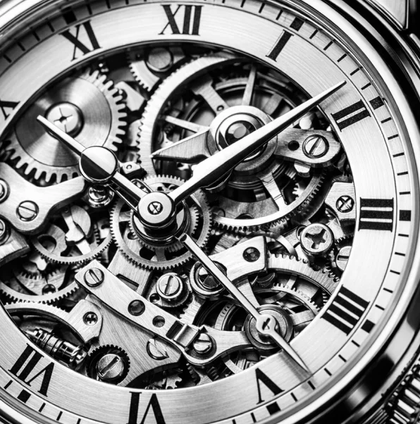 Close-up of luxury skeleton watch with exposed gears and Roman numerals.