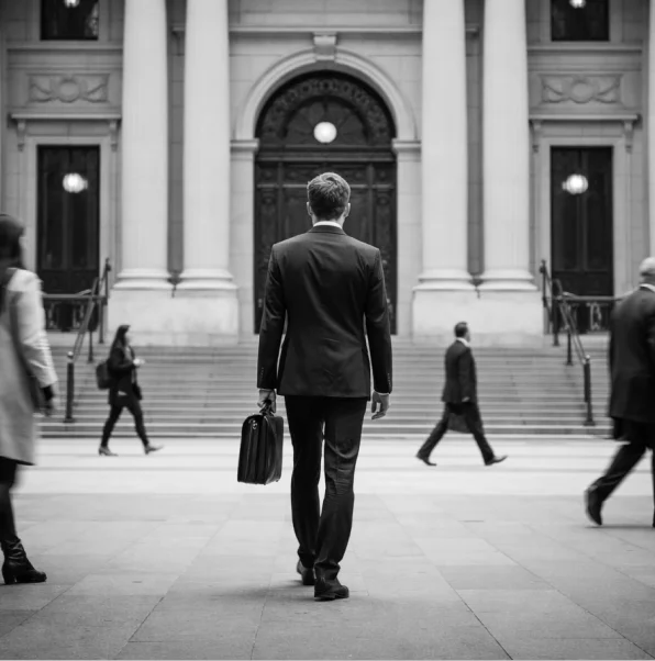Businessman walking toward grand courthouse entrance with columns and briefcase in city plaza.