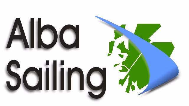 Text logo for "Alba Sailing" with a green map and blue curved line.