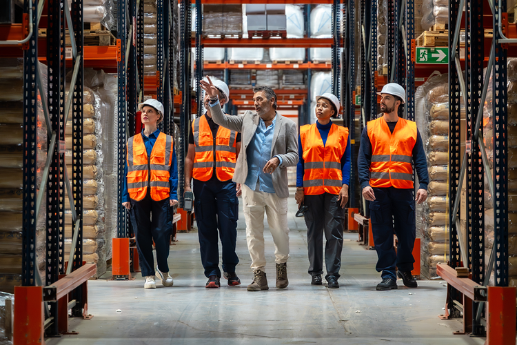 Group of warehouse workers in orange safety vests and white helmets walking through a storage aisle while one man in a blazer gestures ahead.