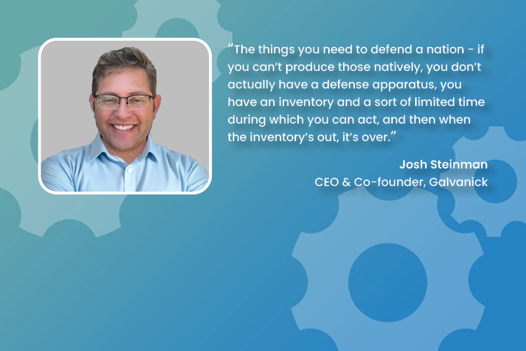 blue teal background with transparent gear icons and photo and quote from Josh Steinman