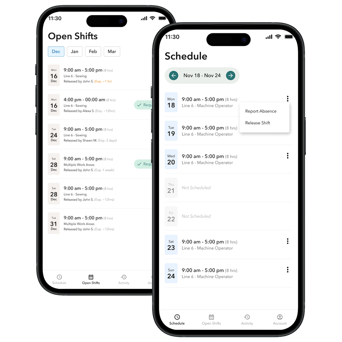 Two smartphone screens showing a work shift scheduling app with open shifts on the left and scheduled shifts on the right, listing dates, times, work lines, and job roles.