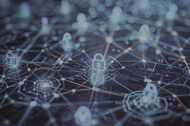 Digital network with glowing lock icons connected by lines symbolizing cybersecurity.