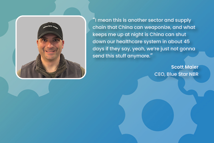 Portrait of Scott Maier wearing a black cap and jacket beside a quote about China's potential to weaponize the supply chain and impact healthcare.
