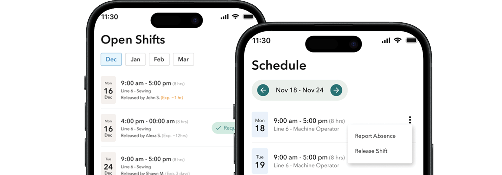 Two smartphones displaying a work schedule app with open shifts and a weekly schedule including dates, times, job roles, and options to report absence or release shifts.