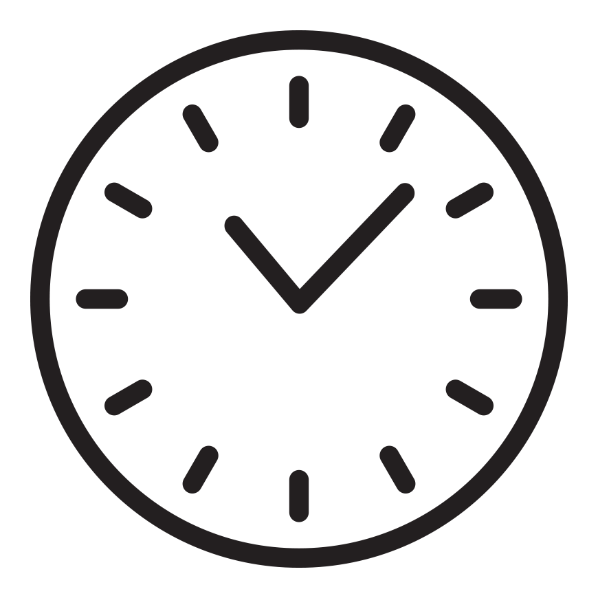 Simplified black clock icon showing time as 10:10.