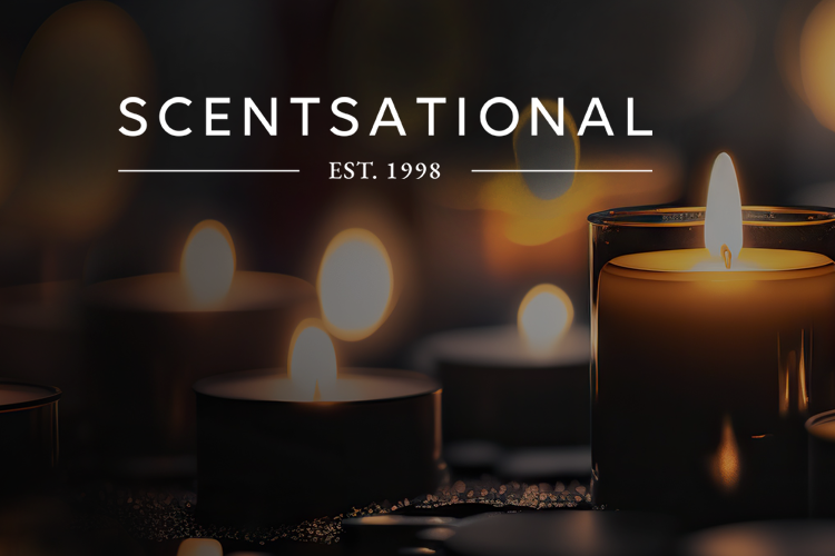Lit candles with blurred warm lights in background and text SCENTSATIONAL EST. 1998.