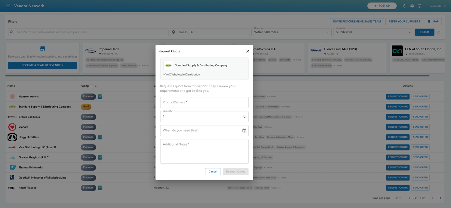 Vendor Network interface showing a Request Quote form for Standard Supply & Distributing Company with fields for product/service, quantity, needed date, and additional notes.