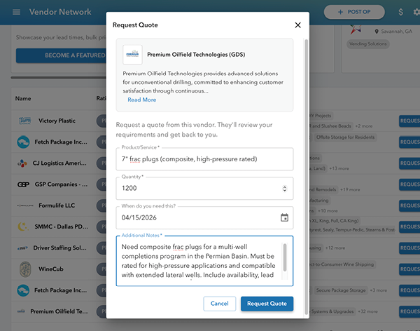 Online form to request a quote from Premium Oilfield Technologies for 7-inch frac plugs, quantity 1200, needed by 04/15/2026, with additional notes about high-pressure applications in the Permian Basin.