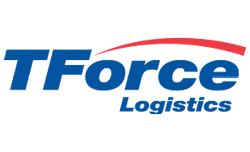 TForce Logistics logo with blue text and a red swoosh above.