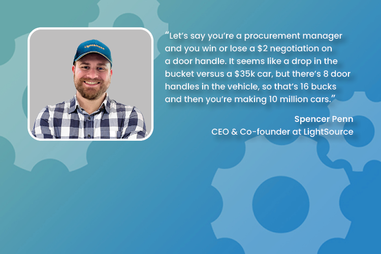 Portrait of Spencer Penn wearing a LightSource cap and checkered shirt, next to a quote about procurement savings and car production on a blue gear background.