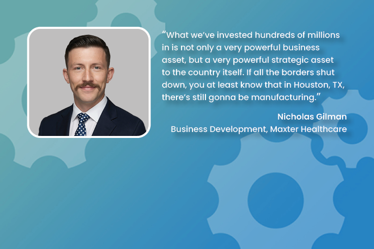 Portrait of a man with a mustache and suit, next to a quote about manufacturing in Houston, TX.