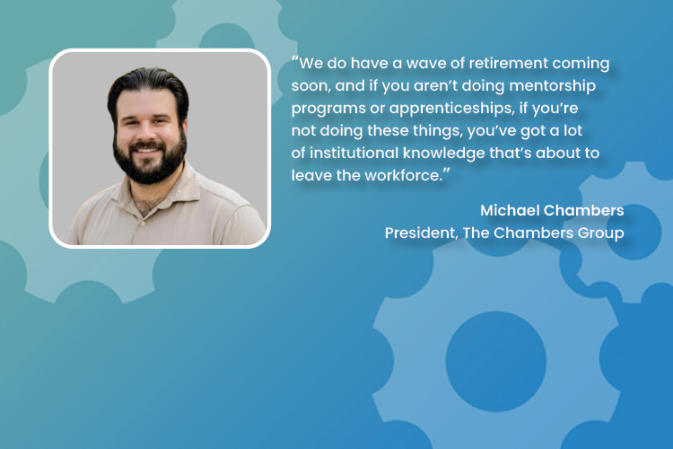Portrait of Michael Chambers with quote about retirement and mentorship in workforce on blue gear background.