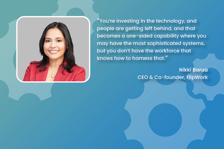 Portrait of Nikki Barua in red blazer with quote about technology and workforce on blue background with gears.