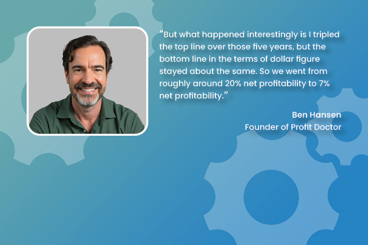 Portrait of smiling man with dark hair and beard, quote about profit by Ben Hansen on blue cog background.