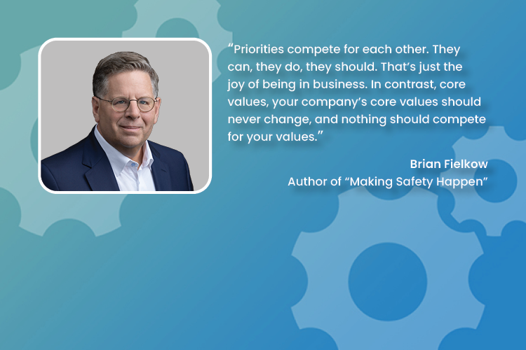 Portrait of a middle-aged man with short gray hair and glasses wearing a dark blazer and light shirt, next to a quote about business priorities and core values by Brian Fielkow, author of 'Making Safety Happen,' on a blue background with gear illustrations.