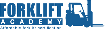 Logo for Forklift Academy featuring the words 'FORKLIFT ACADEMY' in blue capital letters with a forklift icon to the right and the tagline 'Affordable forklift certification' below.