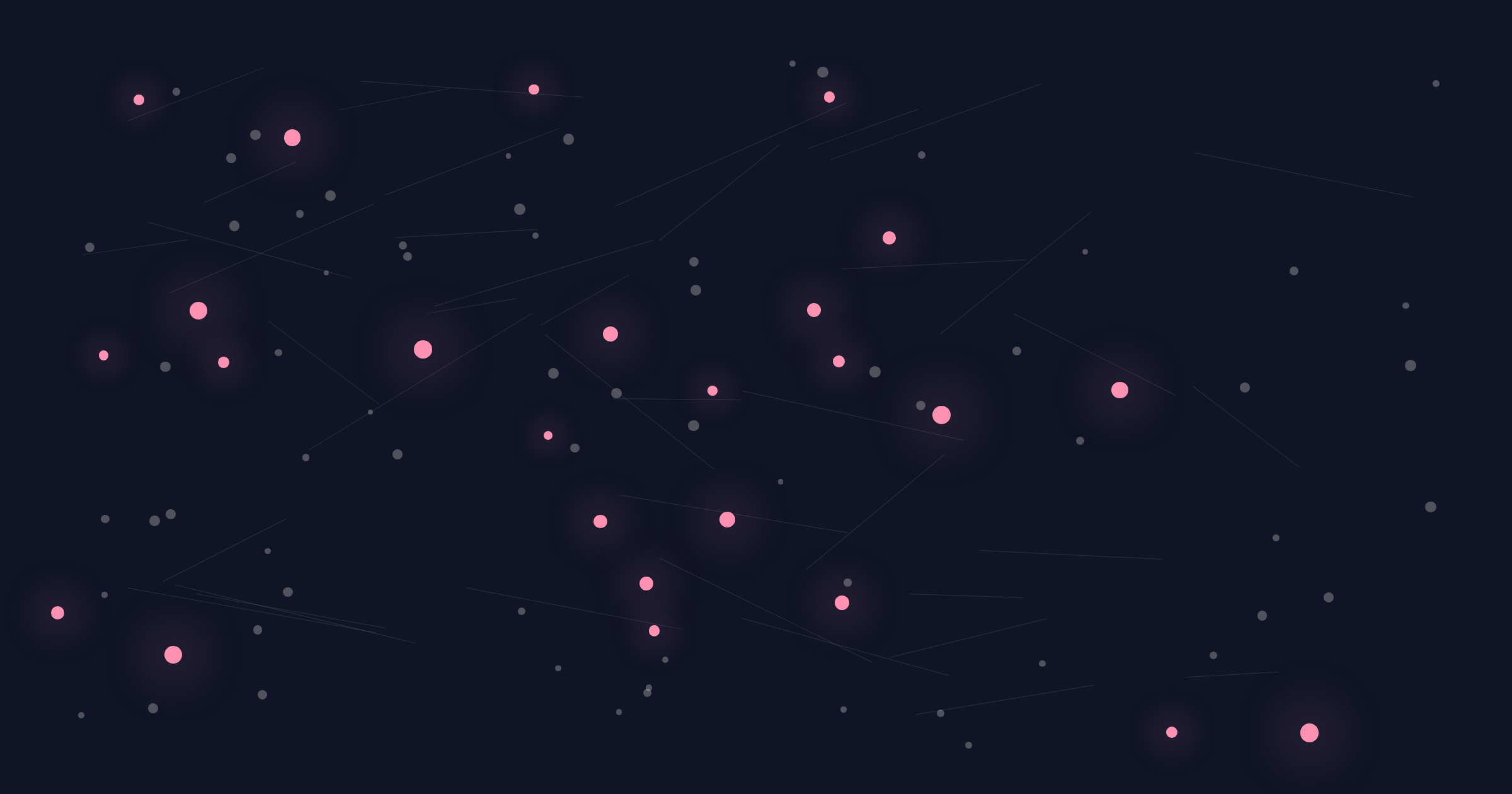 Abstract network of nodes on dark ground; a minority glow pink, representing brands visible to AI search