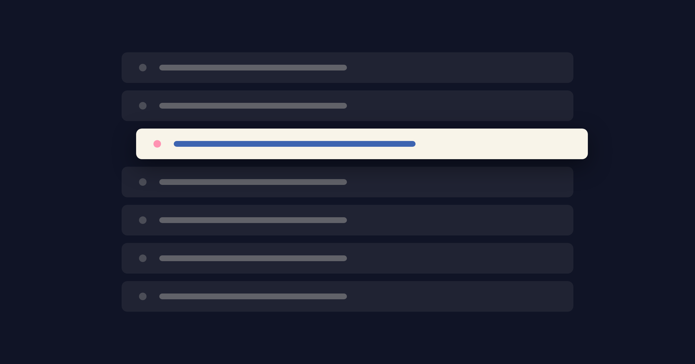 Stylised inbox on dark ground: grey rows recede while one cream row glows, elevated — the email people actually want