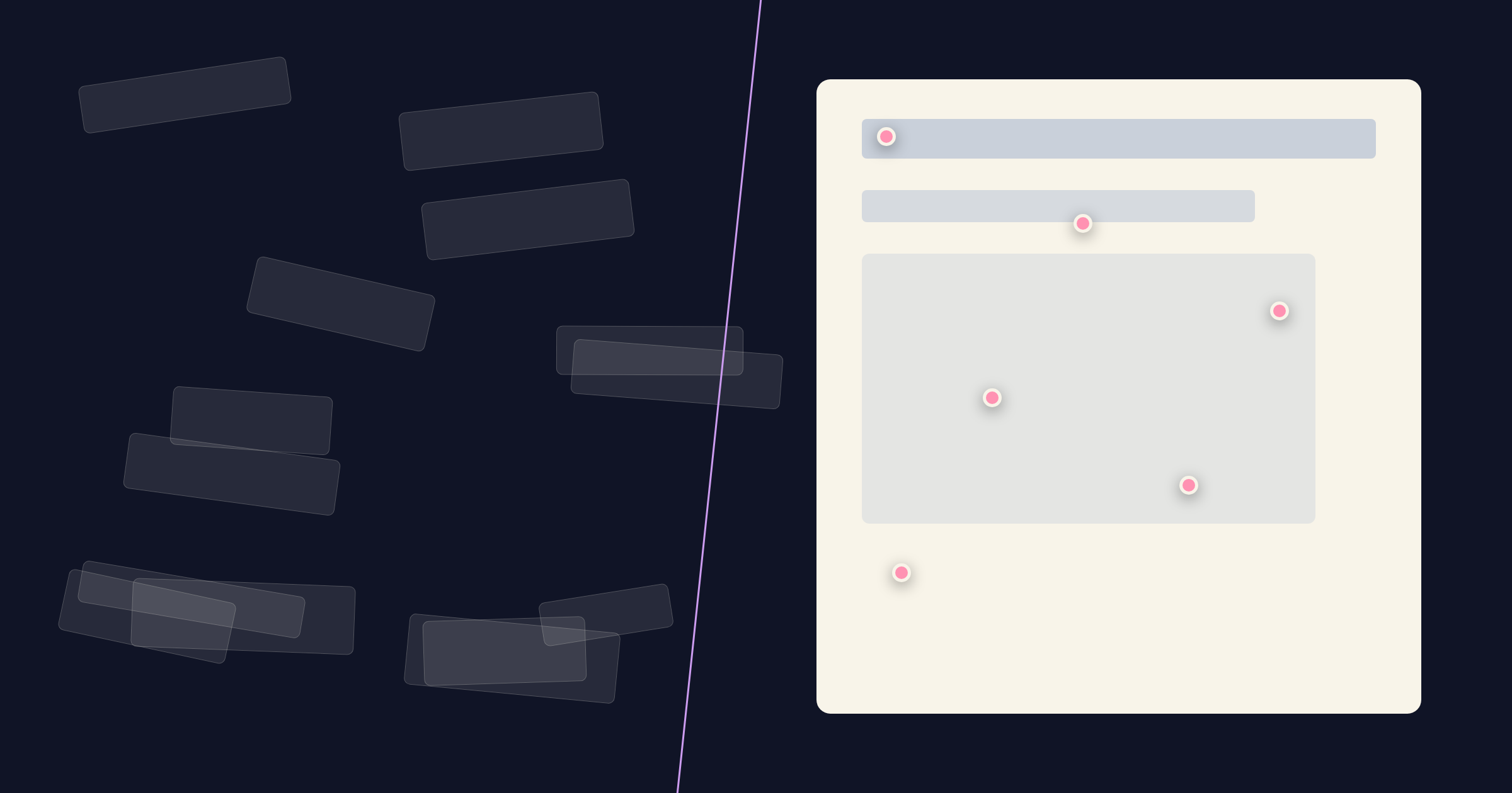 Left: overlapping grey feedback fragments in chaos. Right: a clean board with pink pinned comments in order