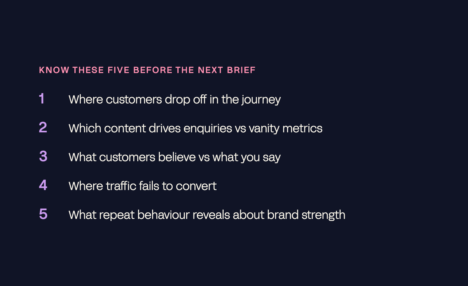 Checklist card: five data points to know before the next brief