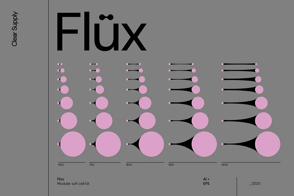 Flüx is a combination of a modular build kit for vector metaball structures and a ready-to-use library of soft cell compositions, for infographics, patterns and branding elements.