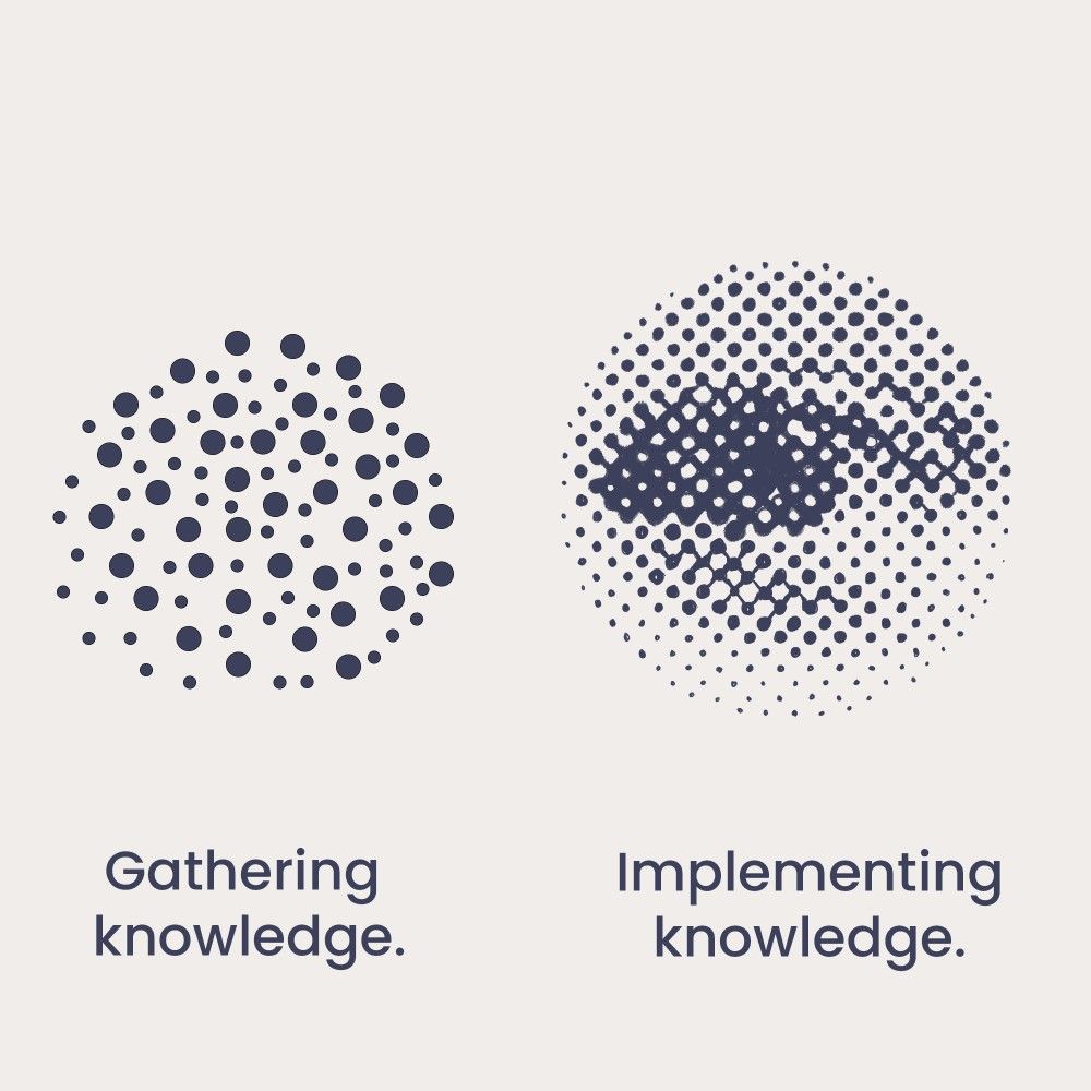 Two navy dot compositions, a scattered cluster beside a halftone eye, captioned gathering knowledge and implementing knowledge