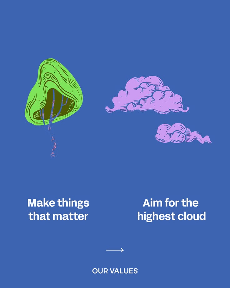 Antimony Studio values tile: make things that matter and aim for the highest cloud — looking beyond single touchpoints to the full system a brand lives in.