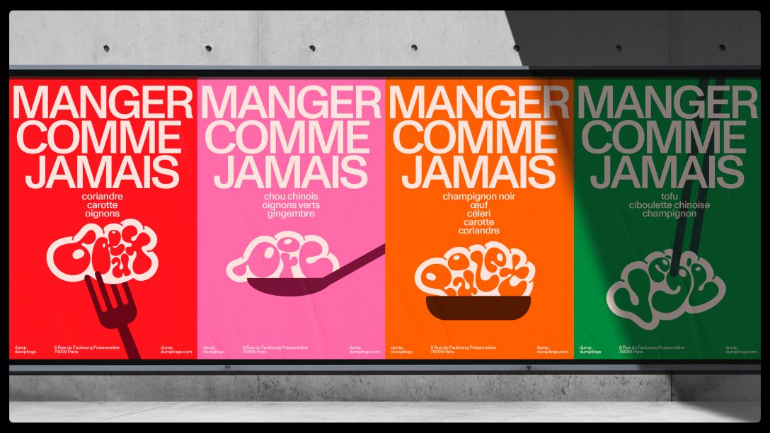 Four-colour packaging range for Manger Comme Jamais in red, pink, orange and green with line-drawn food illustrations