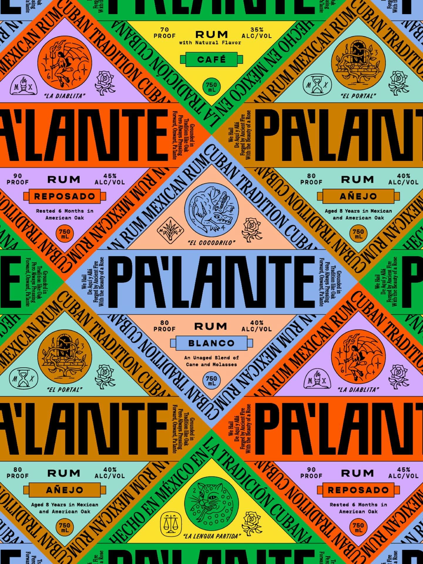 Tiled rum label artwork for Pr'lante in clashing brights with ornate badge illustrations