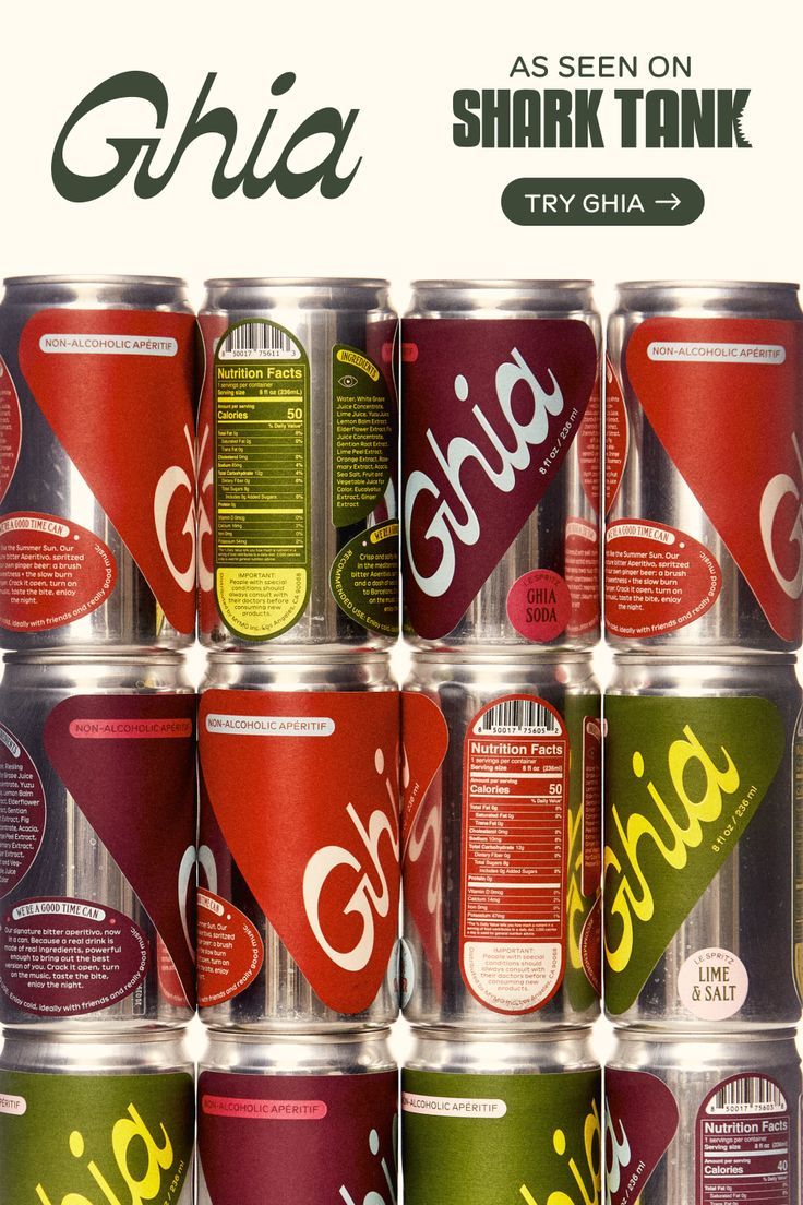 Rows of Ghia aperitif cans in deep red, olive and cream beneath an as-seen-on-Shark-Tank banner