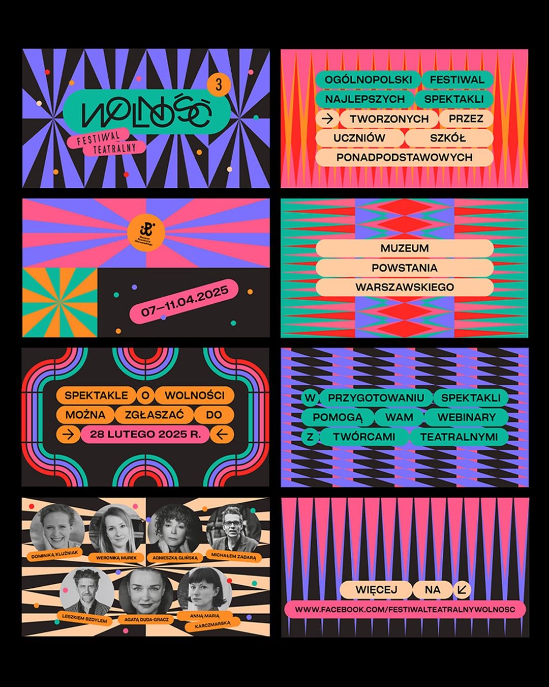 Neon poster grid on black for a Polish theatre festival, with warped moire patterns and photo strips