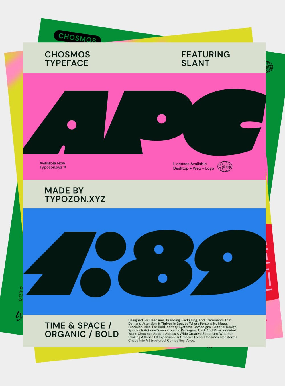 Stacked riso-bright type specimen sheets for the Chosmos typeface in pink, yellow and blue