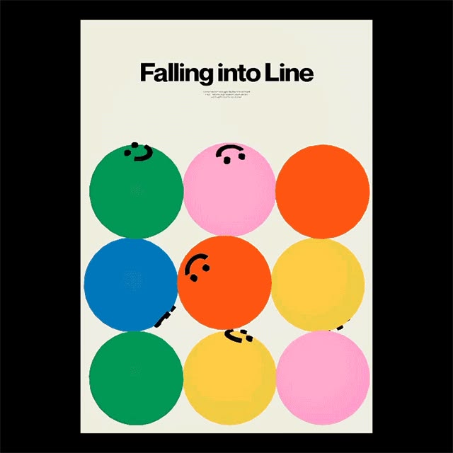 Falling into Line poster — a grid of coloured circles with simple drawn faces on black