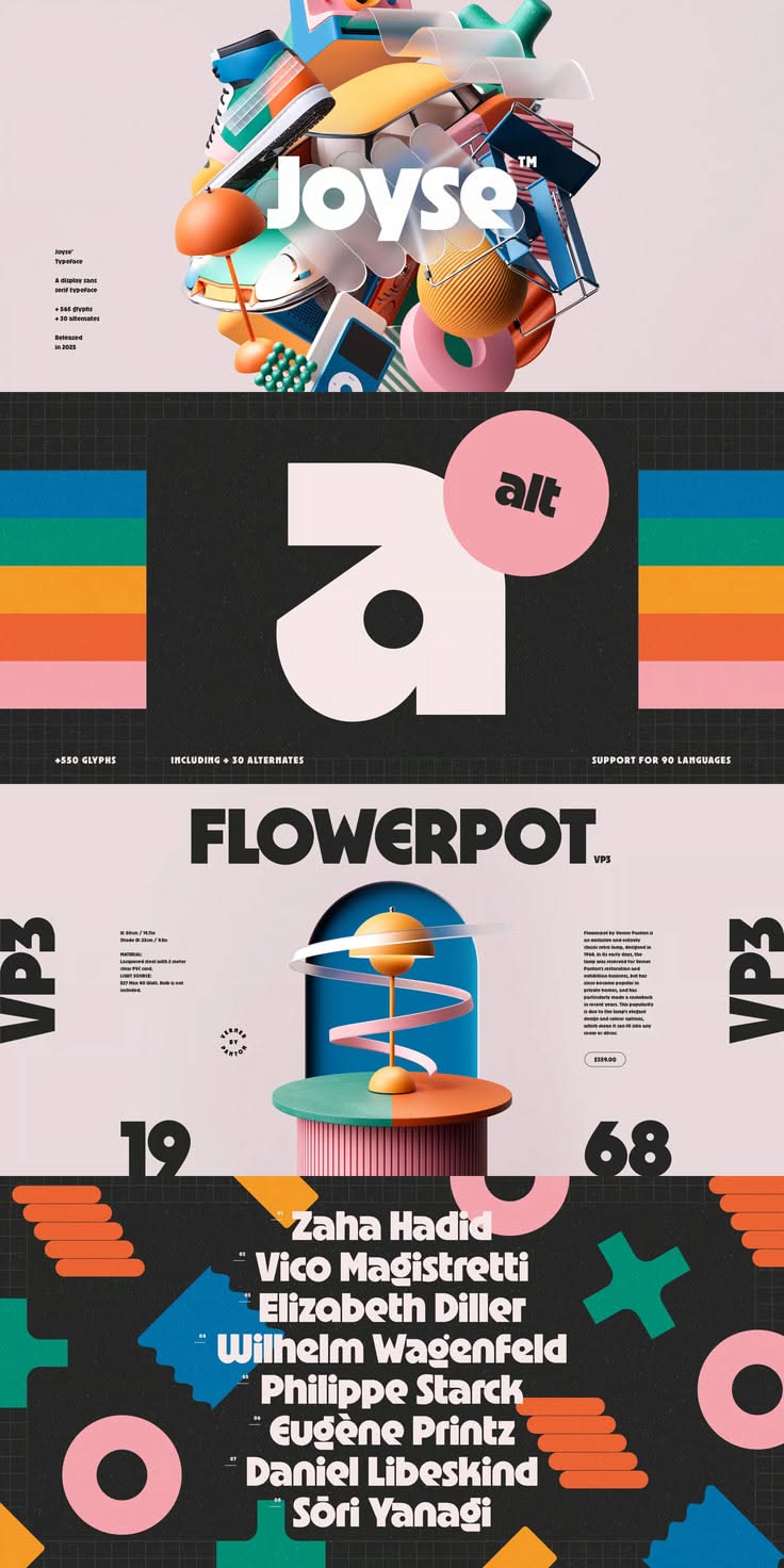 Vertical stack of colourful type specimen posters including Joyse, Flowerpot and VP3