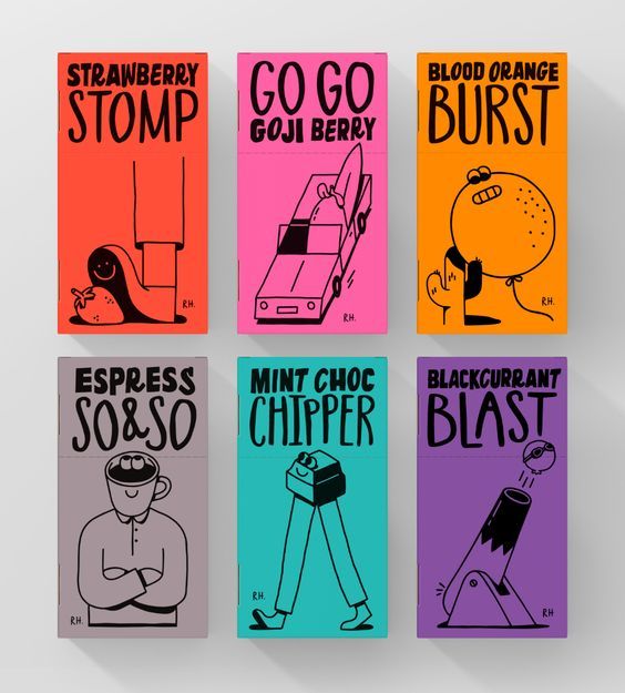 Six illustrated snack packs in candy colours with names including Strawberry Stomp and Go Go Goji Berry