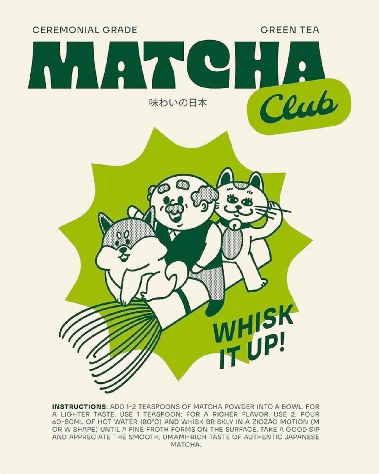 Matcha Club poster in cream and green with cartoon cats, a whisk and a whisk-it-up call to action