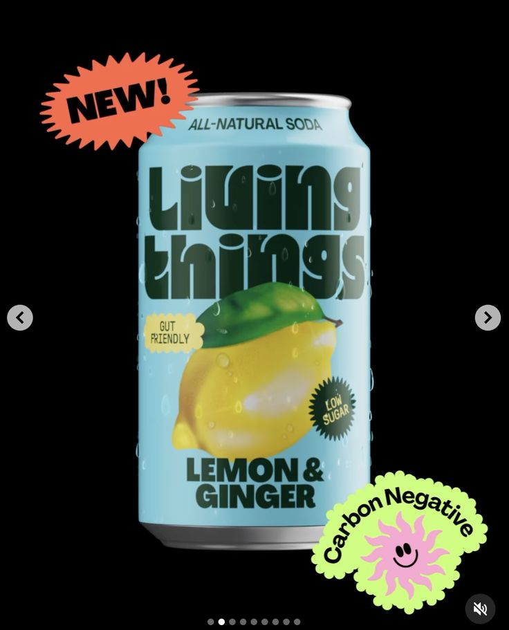 Living Things lemon and ginger soda can on black with new and carbon-negative starburst badges