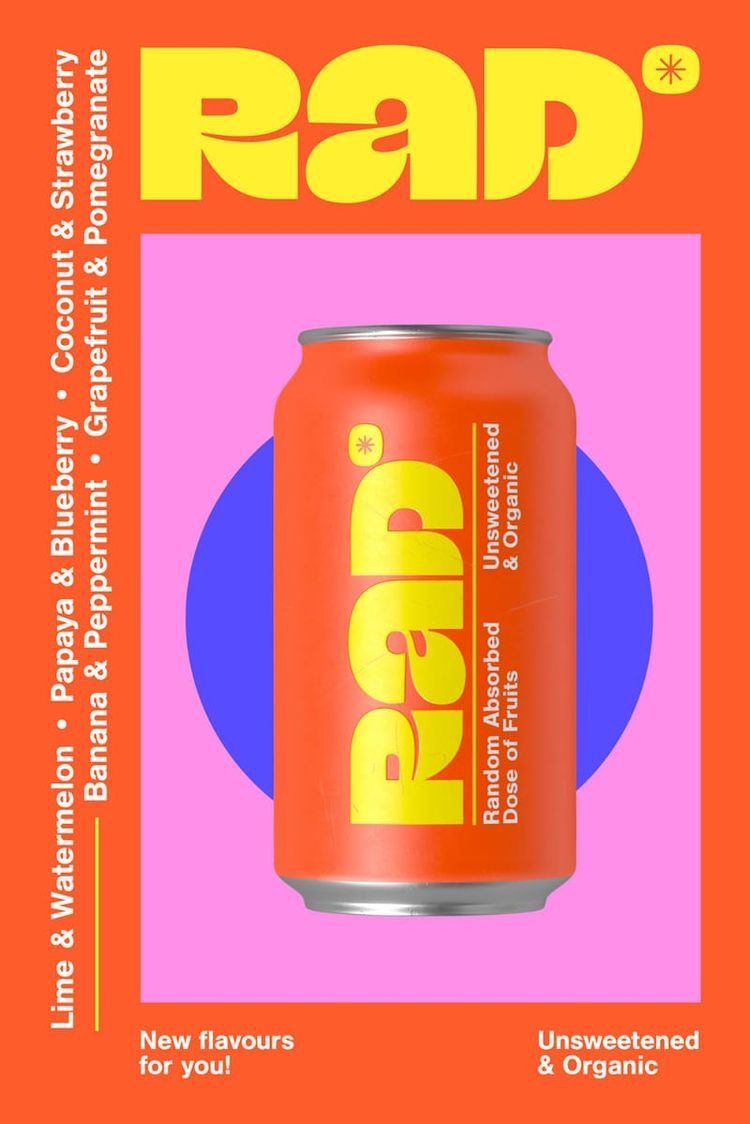 Poster for RAD sparkling water — an orange can on magenta with vertical fruit-flavour listings
