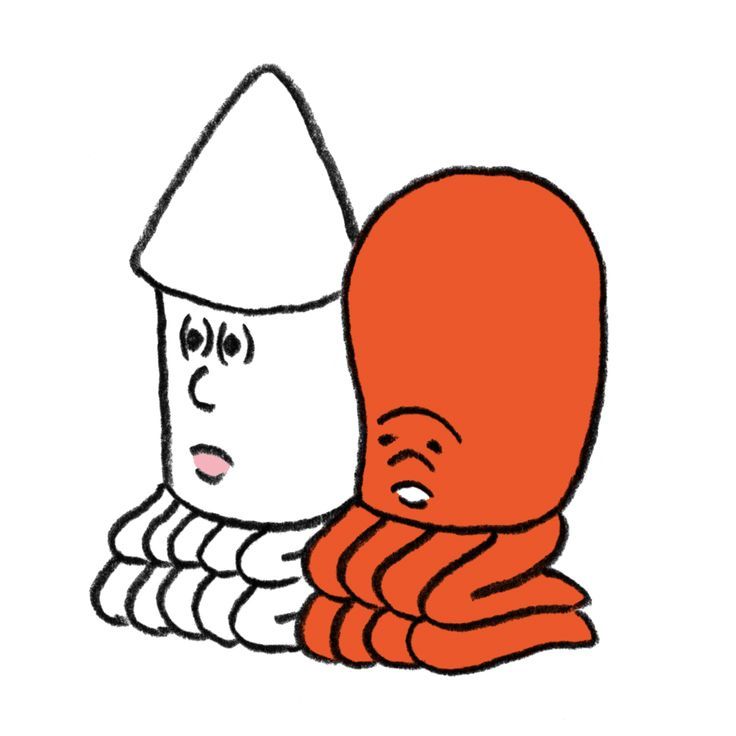 Loose line illustration of two hooded figures, one white and one orange, leaning together